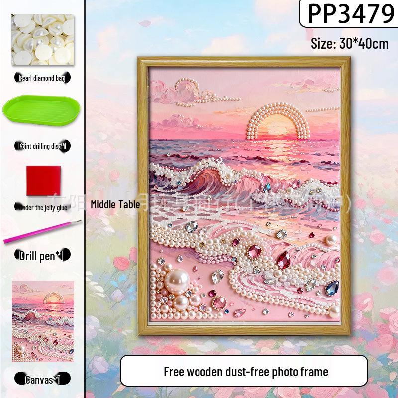 Handmade 3D Pearl Cross-Stitch Castle with Starry Sky Stickers and Indoor Decorative Frame