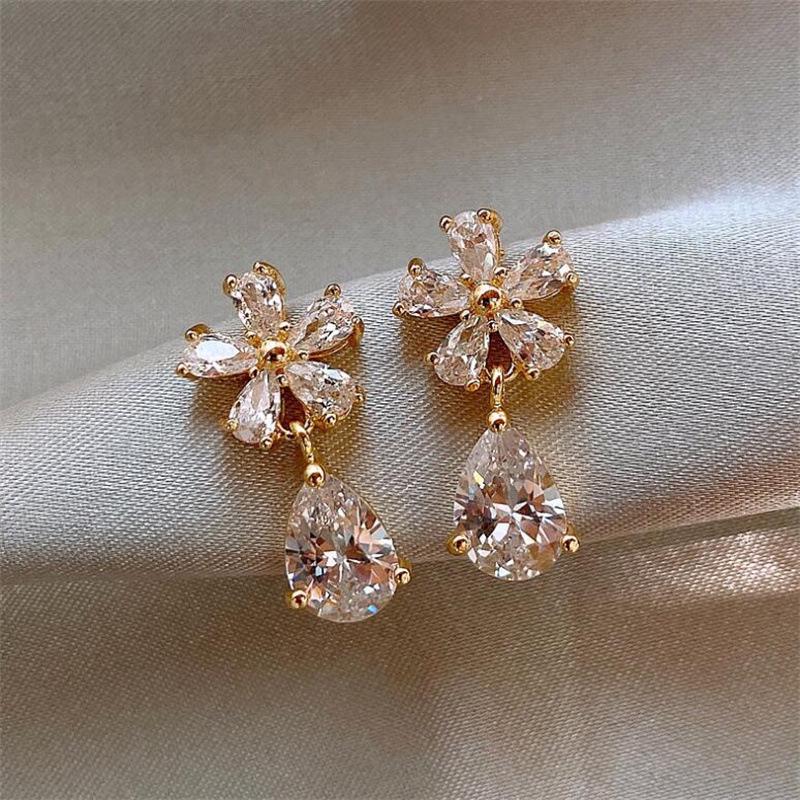 S925 Sterling Silver Korean Crystal Flower Drop Earrings: Autumn/Winter Luxury Design