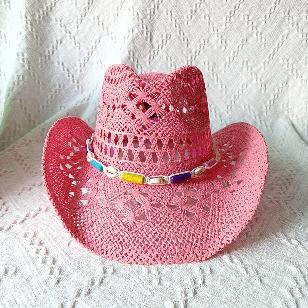 Cappelli Gialli Estivi da Uomo Stile Western Intrecciati a Mano in Paglia Cappello Jazz da Sole da Spiaggia Cappellino da Cowgirl Donna Rosa Shocking Monocolore Sombrero Uomo
