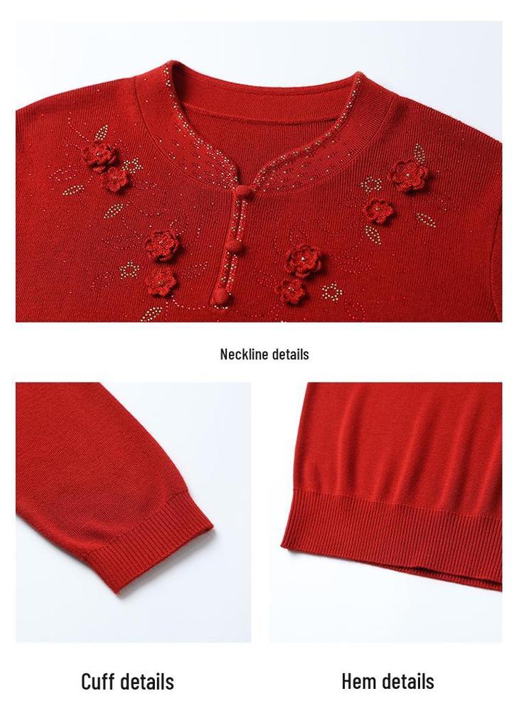 Elegant Spring Cheongsam Collar Knit Top for Middle-aged and Elderly Women