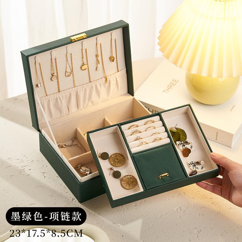 Jewelry Display  Lockable Jewelry Box New Double-Layer Large Capacity Storage for Rings Necklaces Convenient Rectangle Leather&Leather