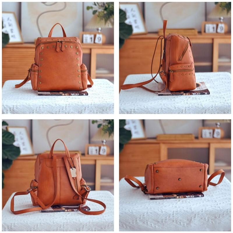Johnature High Quality Rivet Backpack Retro Genuine Leather Large Capacity Versatile Women's Travel Backpack