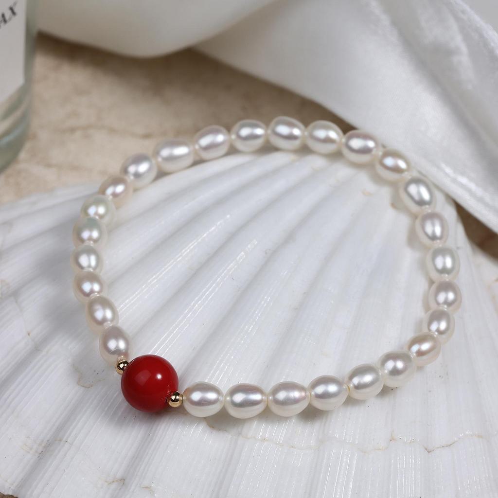 Cinnabar & Freshwater Pearl Chinese Style Elastic Bracelet