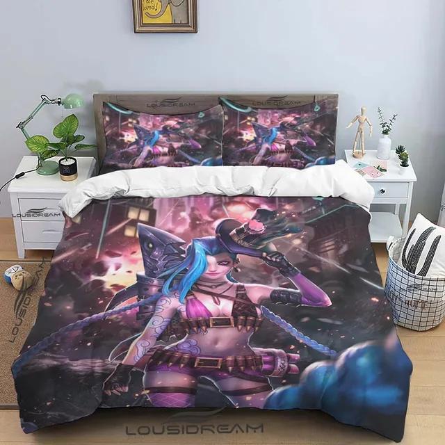 Kreslený Jinx Arcane: Ložní souprava League of Legends s postelí King, dvěma oddělenými postelemi, dětská 3dílná sada povlečení na peřinu z mikrovlákna nebo polyesteru