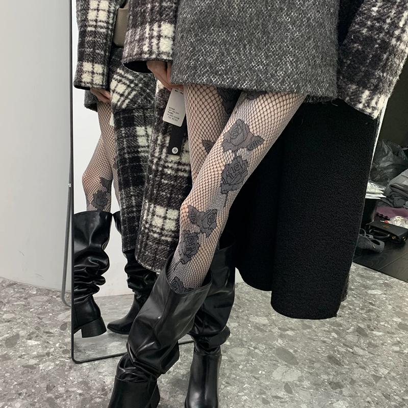 Y2K Florale Fischernetz-Strumpfhose Damen Sexy Ausgeschnitten Elastisch Schlank Strumpfhose Sommer Streetwear Damen Netz Lange Strümpfe One Size gray