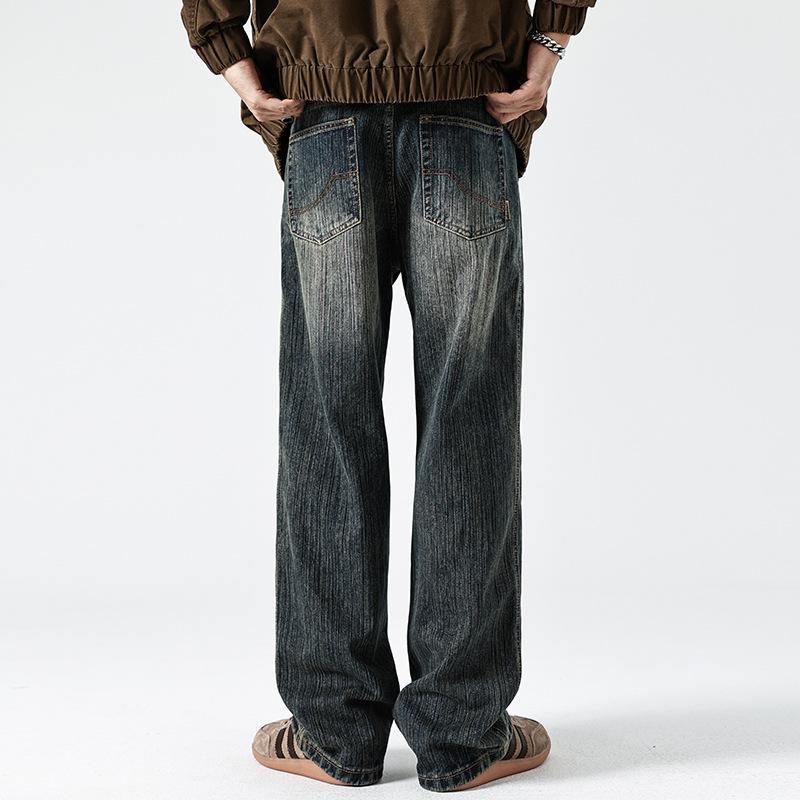 New Retro Washing American High Street Bark Wrinkle Design Loose Straight Jeans