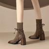 Checkered Thick Heel Side Zipper Square Toe High Heel Short Boots for Womens Autumn and Winter Single Boots for Womens Boots