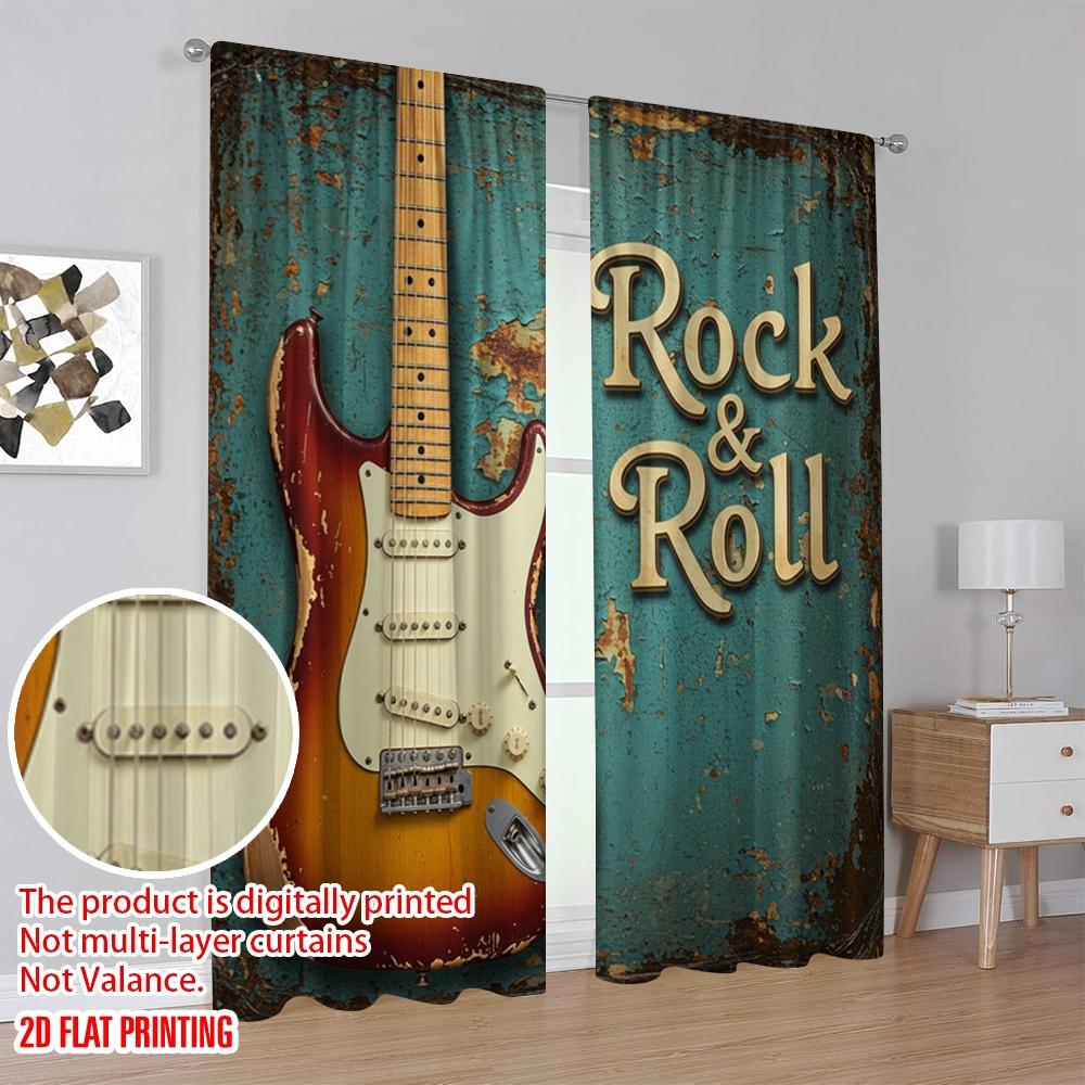 2pcs,2D Plane Printing Pattern Curtains Vintage Guitar Rock Roll Polyester Woven (without Rod) Decorations Inside Ldeal for Home