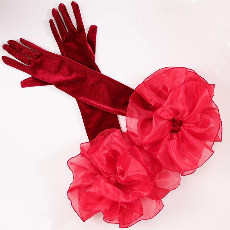Long Velvet Gloves with Organza Ruffle Cuff, Elbow-Length Formal Gloves for Wedding/Party/Ball