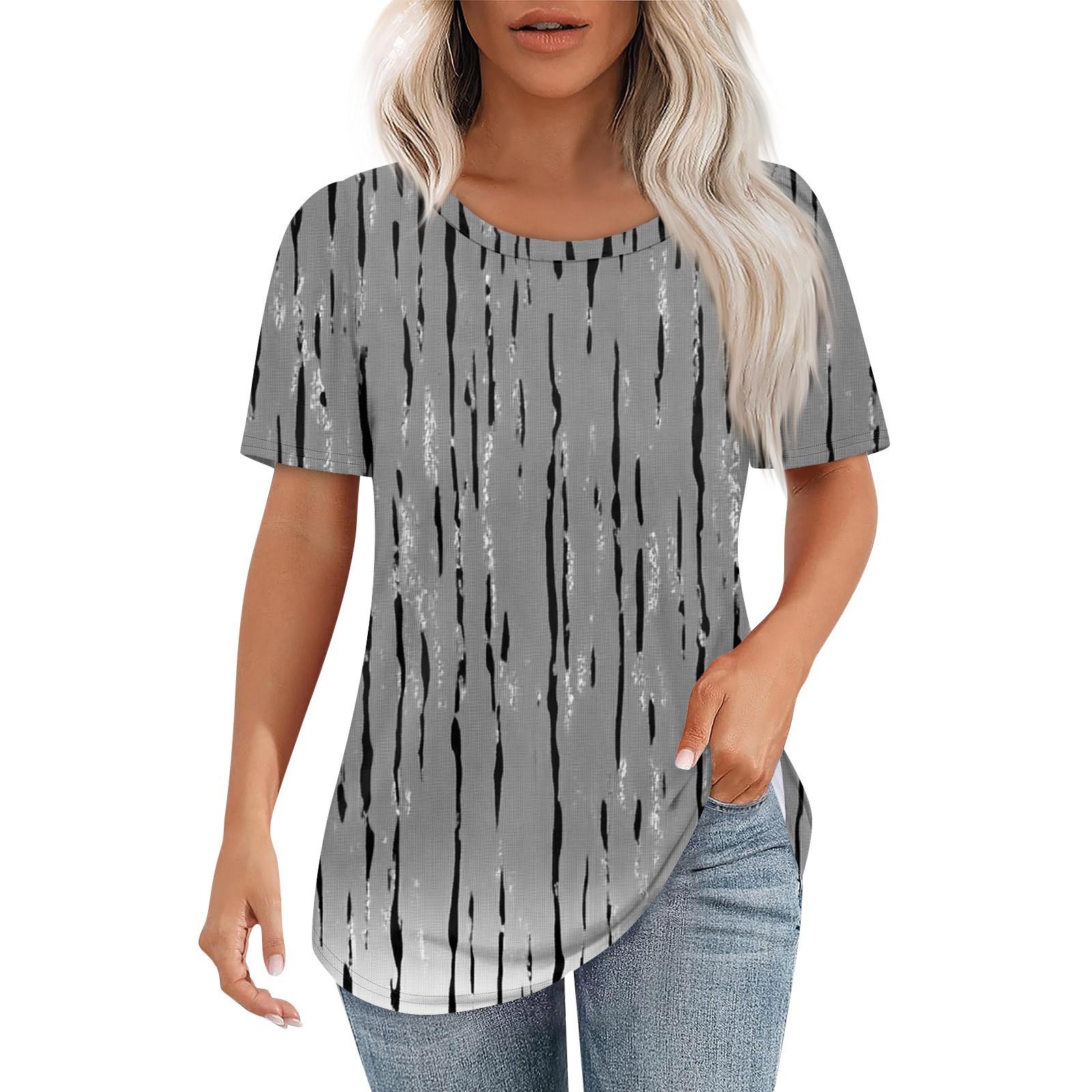 

Футболки для женщин, плиссированные, с круглым вырезом, нарядные, повседневные, блузки с принтом, с коротким рукавом, летние топы, свободный крой M