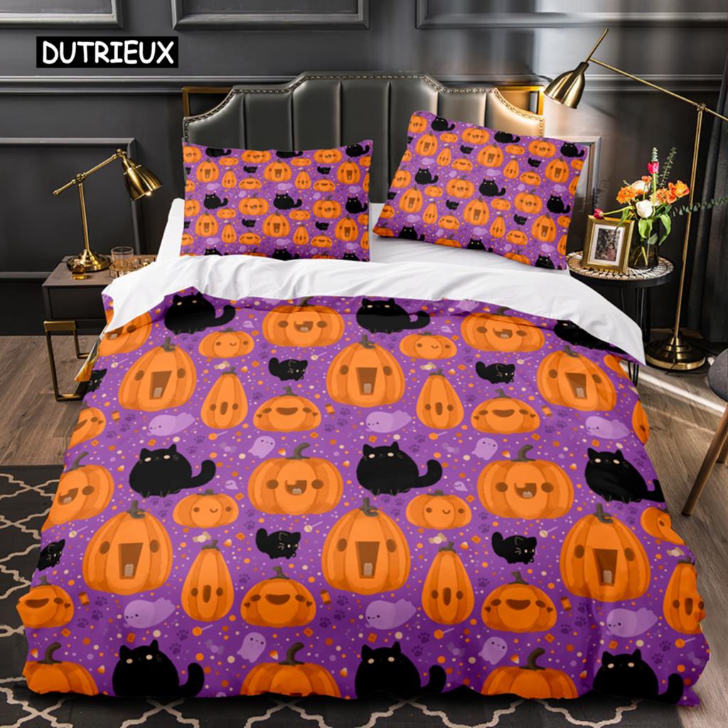 Halloween King Queen Duvet Cover Kawaii Cartoon Skull Bedding Set Kids Boys Orange Pumpkin Skeleton 2/3pcs Polyester Quilt Cover