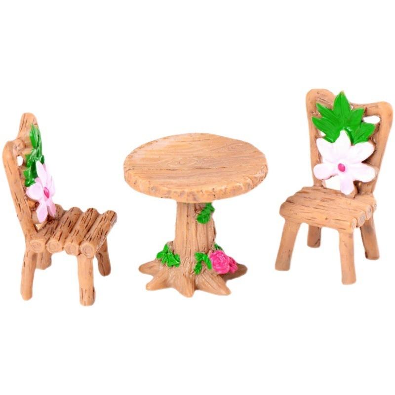 Mini Imitation Solid Wood Tables and Chairs Micro Landscaping Resin Square Wooden Tables Chairs Benches Miniature Ornaments