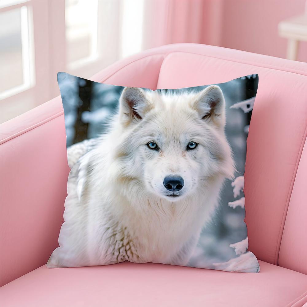 Majestic Animal Art White Wolf Cushion Cover Pillowcase Short Plush Invisible Zipper Room Sofa Cushion Cover