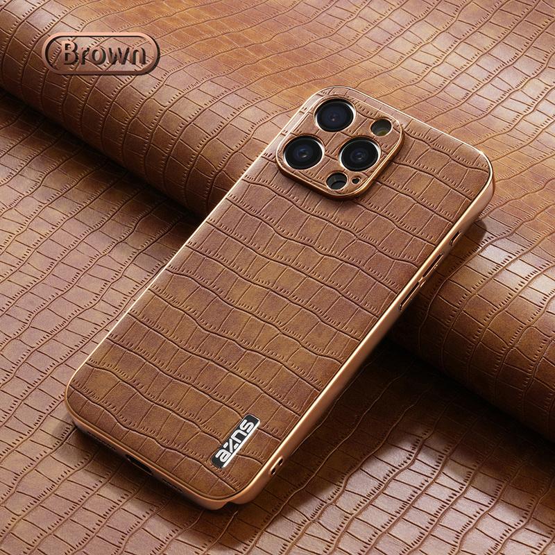 

Fashion Crocodile Pattern Electroplating Design Leather Phone Case For iPhone 16 16E 15 14 13 12 11 Pro Max Plus Back Cover iPhone 14 коричневий
