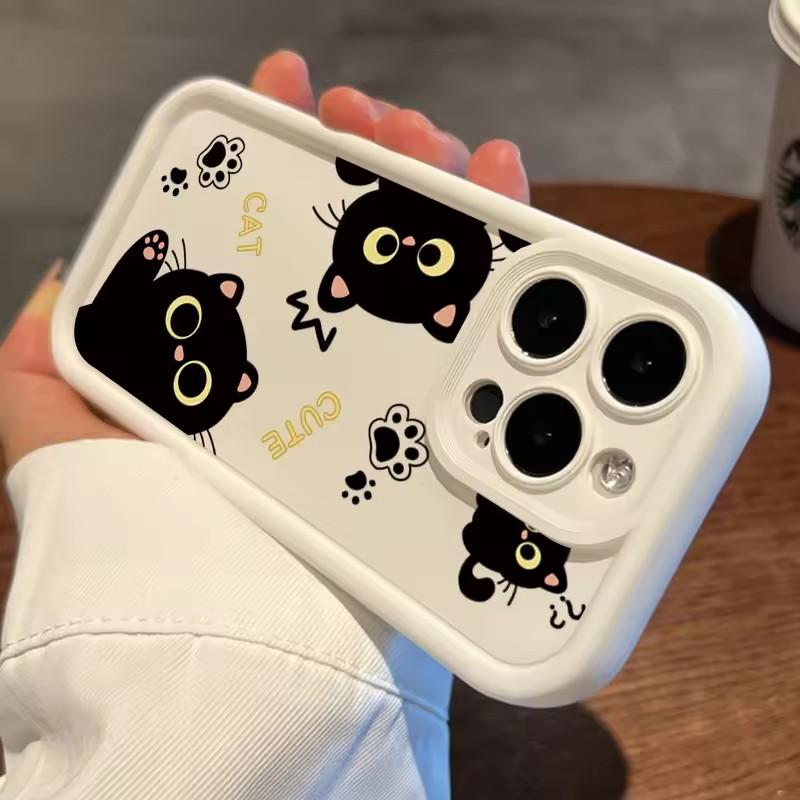 Lovely Black Cat Silicone Case For iPhone 16 15 13 12 11 14 Pro Max Plus 16E 16 Plus SE2 8 7 Plus X XS XR Shockproof Back Covers