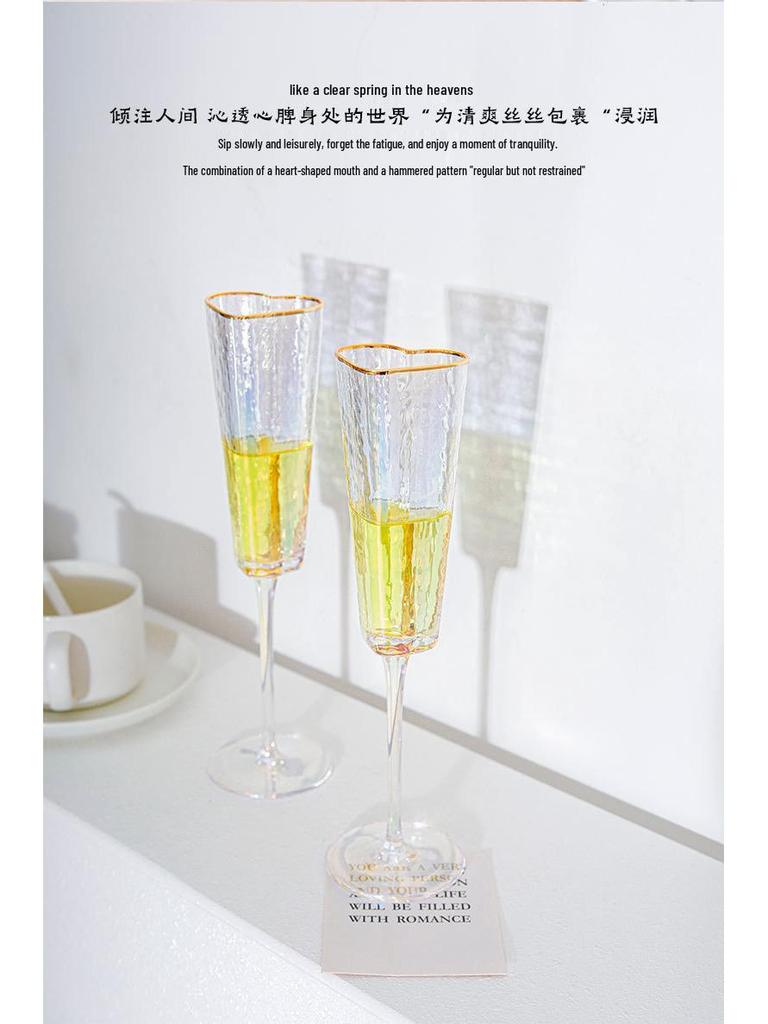 Elegant Hammered Heart-Shaped High-Stemmed Crystal Champagne Glass with Gold-Plated Edge