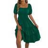 Women Square Neck Lantern Short Sleeve Ruffle Hem Loose Fit Midi Dress with Smocked Waist and Flared Skirt Design