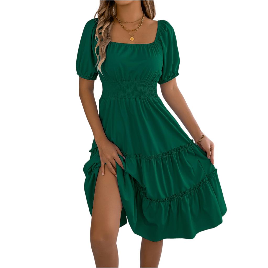 Women Square Neck Lantern Short Sleeve Ruffle Hem Loose Fit Midi Dress with Smocked Waist and Flared Skirt Design