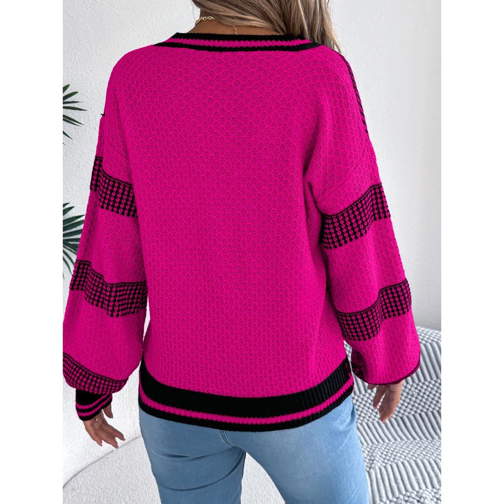 QICED Autumn Winter V-neck Contrasting Color Striped Lantern Long-sleeved Pullover Sweater Women's Wear