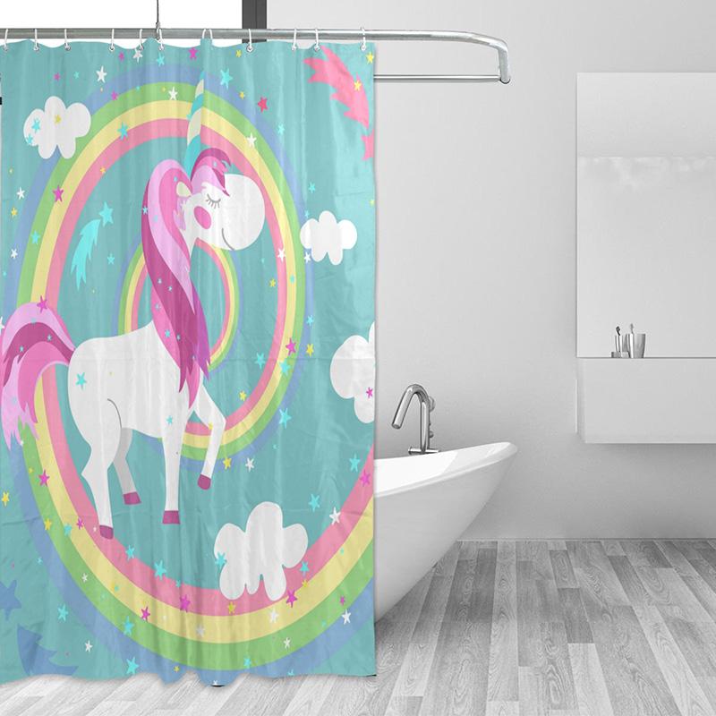 Lovely Cartoon Unicorn Shower Curtain Smiling Animal Poop A Rainbow Waterproof Fabric Bathroom Curtains Mildew Resistant Curtain