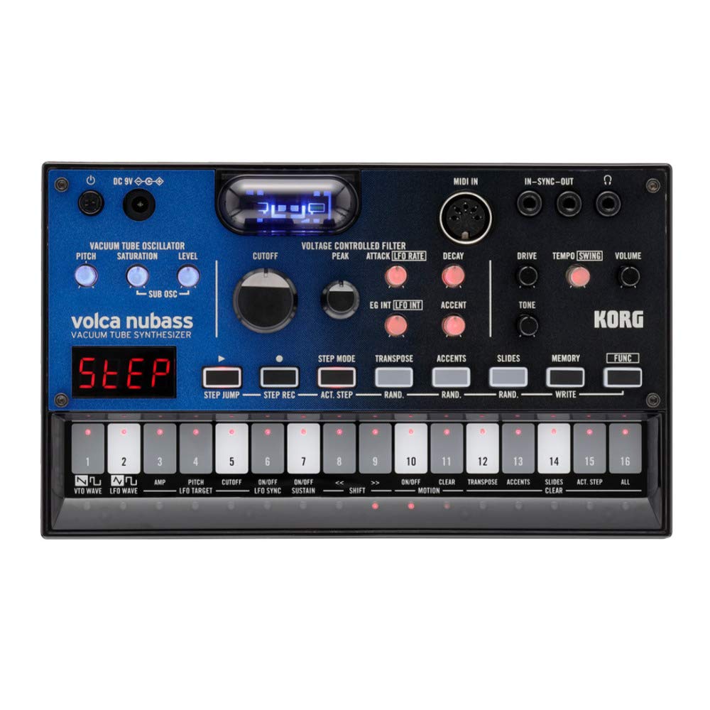 KORG volca nubass synthesizer bass machine with Nutube vacuum tube circuitry, a 16-step sequencer, built-in speaker, and headphone compatibility.