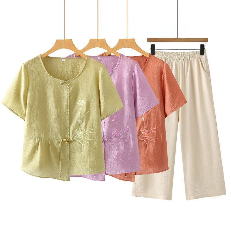 New Summer Short-Sleeve T-Shirt Set for Middle-Aged Women, Plus Size, Two-Piece Outfit, Modern Style for Mothers and Elderly Women