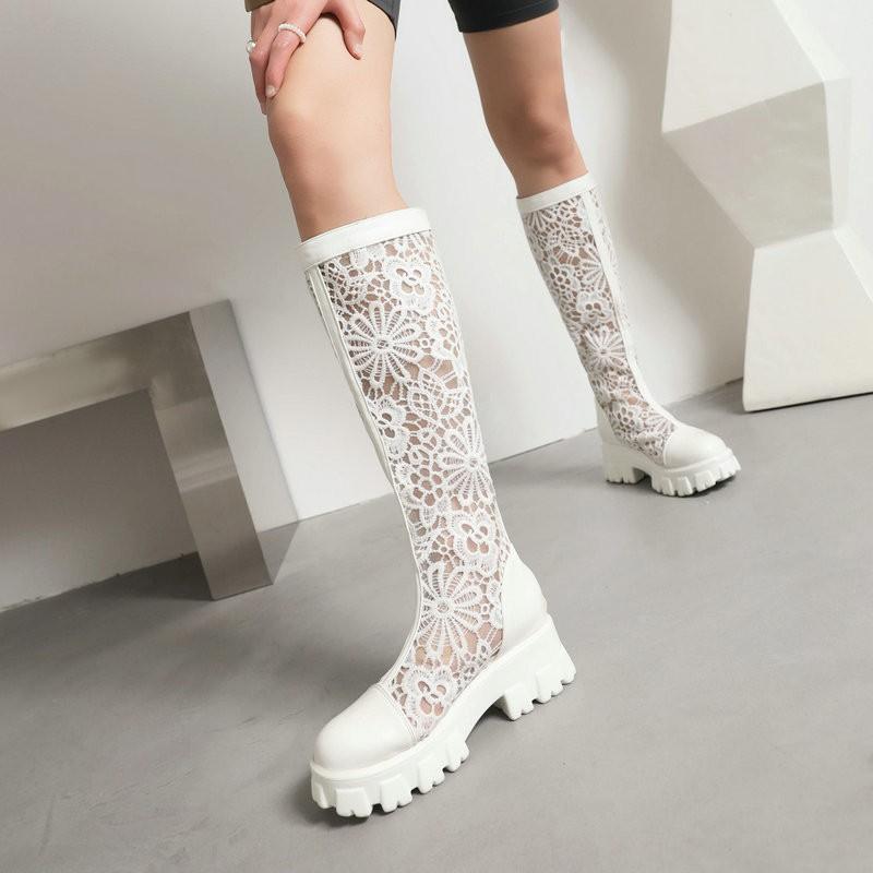 Womens Chunky Sole Platform Ankle Boot With Round Toe Side Zip Mid Heel PU Leather Stylish Knee-High