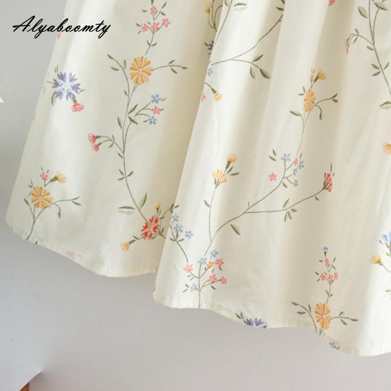 Letní dámský japonský styl Preppy Sukně A-Line Pružný pas Meruňkový květinový potisk Bavlna Sladké sukně Dámské