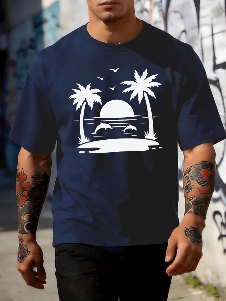 Coastal Dolphin Palm Sunset Unisexs Tee Cotton Short Sleeve Loose Summer Beach Vacation Casual Daily Male Street Tops For Adult Unisex