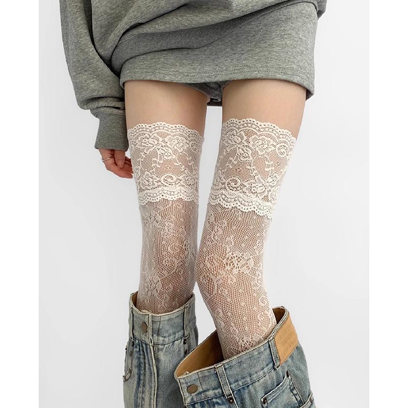 

Women s Sexy Lace Floral Fishnet Stockings Costumes JK Lolita Thigh High Socks Nylon Mesh Breathable Over The Knee Stockings One Size білий