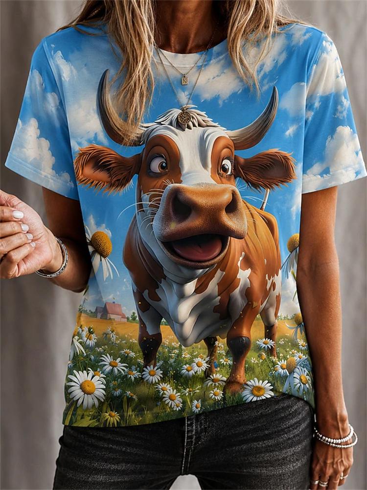 2026 New Women's Fashionable Short-Sleeve T-Shirt Fun Cow Print T-Shirt Trendy Street-Style Women's Short-Sleeve Top
