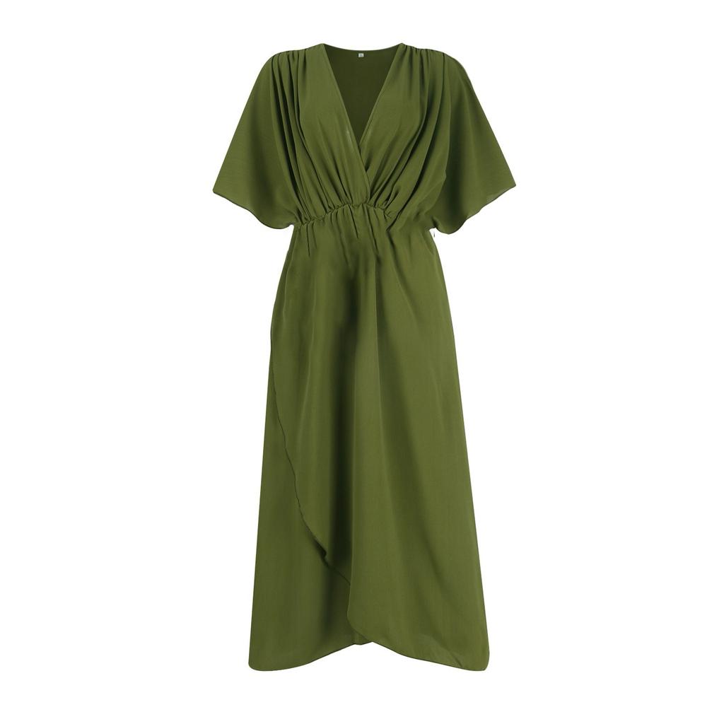 Women's Casual Sundress Summer Boho Beach Dress Solid Color V Neck Short Sleeves Irregular Dresses