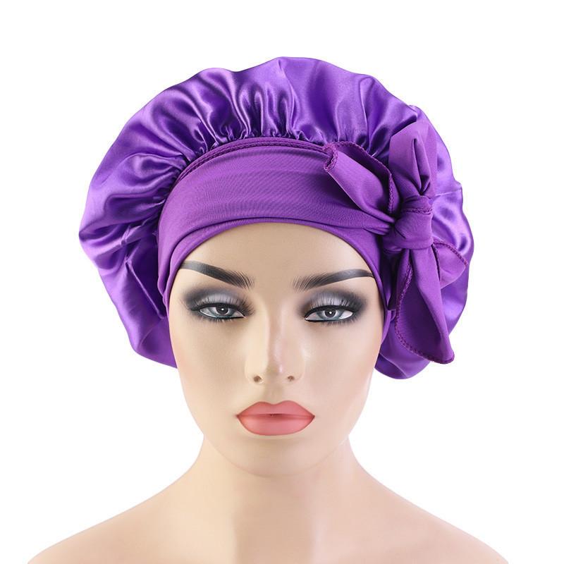 Fashion New Imitation Silk Wide-brimmed Night Cap Satin Streamer Round Cap Shower Cap Beauty Salon