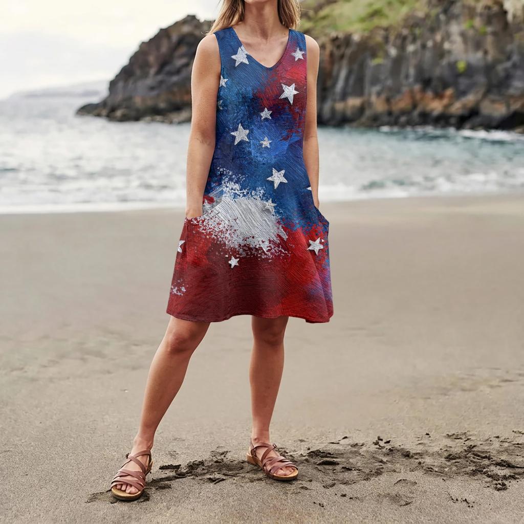Summer Dresses For Women Loose Beach Vacation Casual Sleeveless V-neck  Sundresses With Pockets Tank Dress