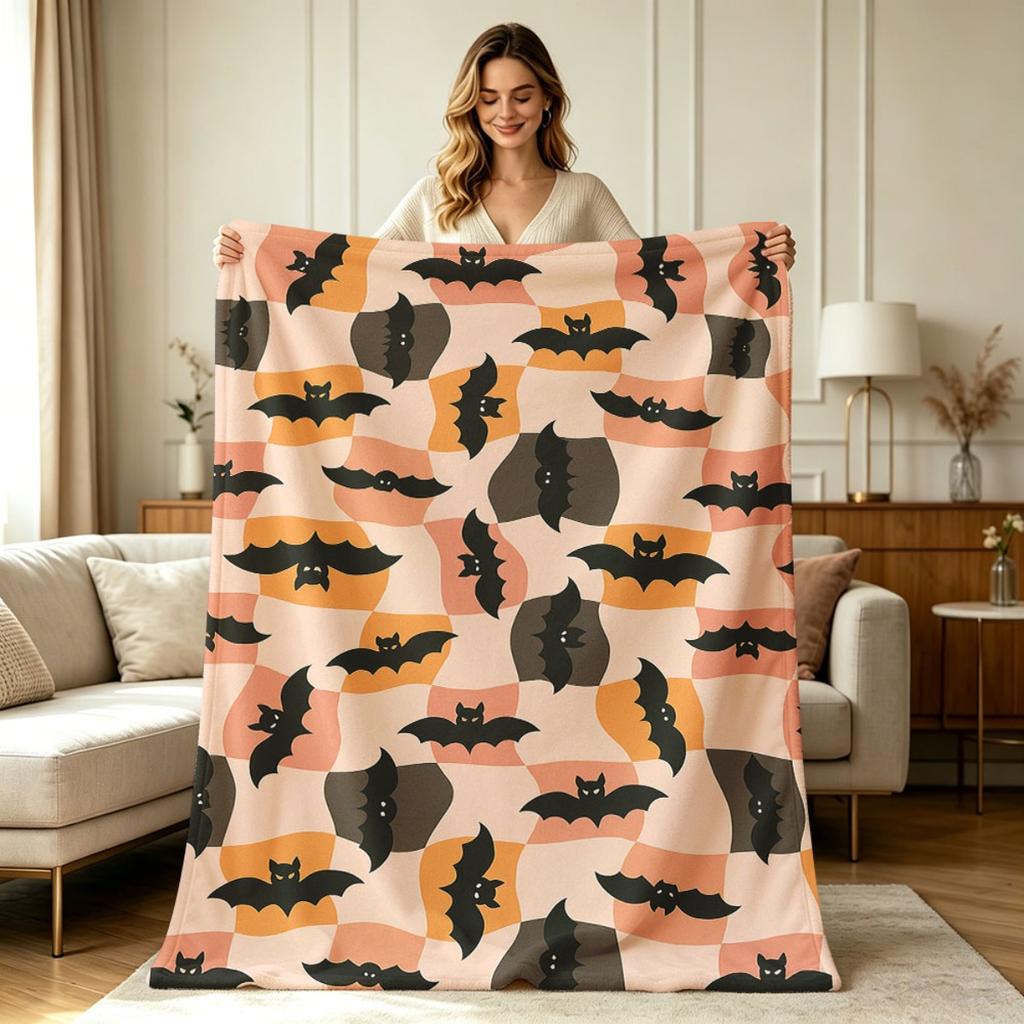 Weiche warme Flanelldecke mit süßem Fledermaus Halloween All-Over-Print für Sofa Couch Bett Büro Wohnzimmer Ganzjahres Gemütlich Leicht Dekorativ Bl