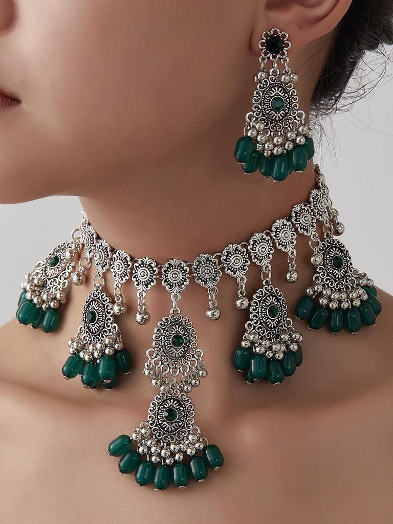 Exaggerated Indian-Style Rhinestone Tassel Necklace & Retro Ethnic Earrings Set