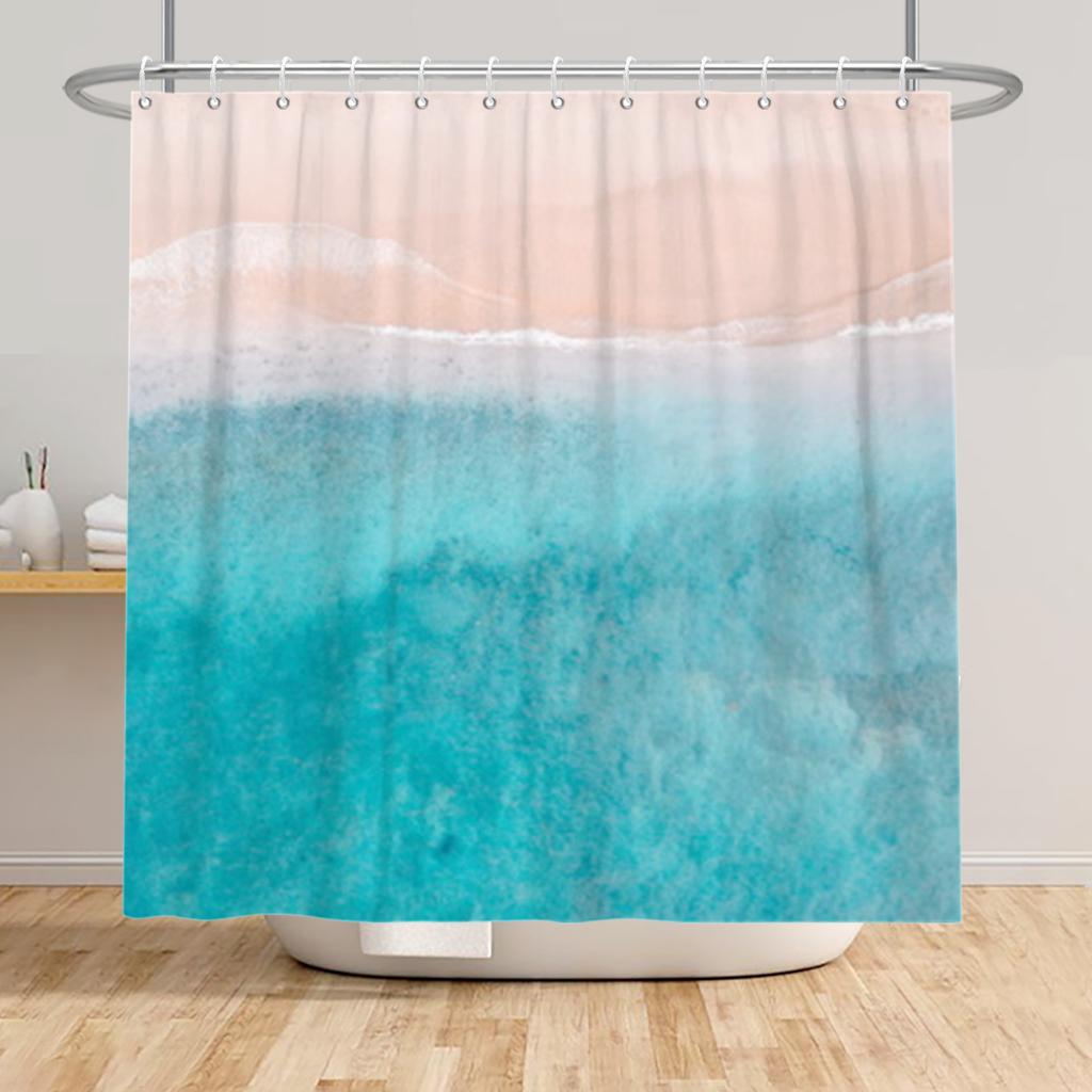 Beach Vacation Shower Curtain Tropical Palm Trees Ocean Waves Starfish Sandy Shore Pattern Waterproof Polyester Bathroom Decor