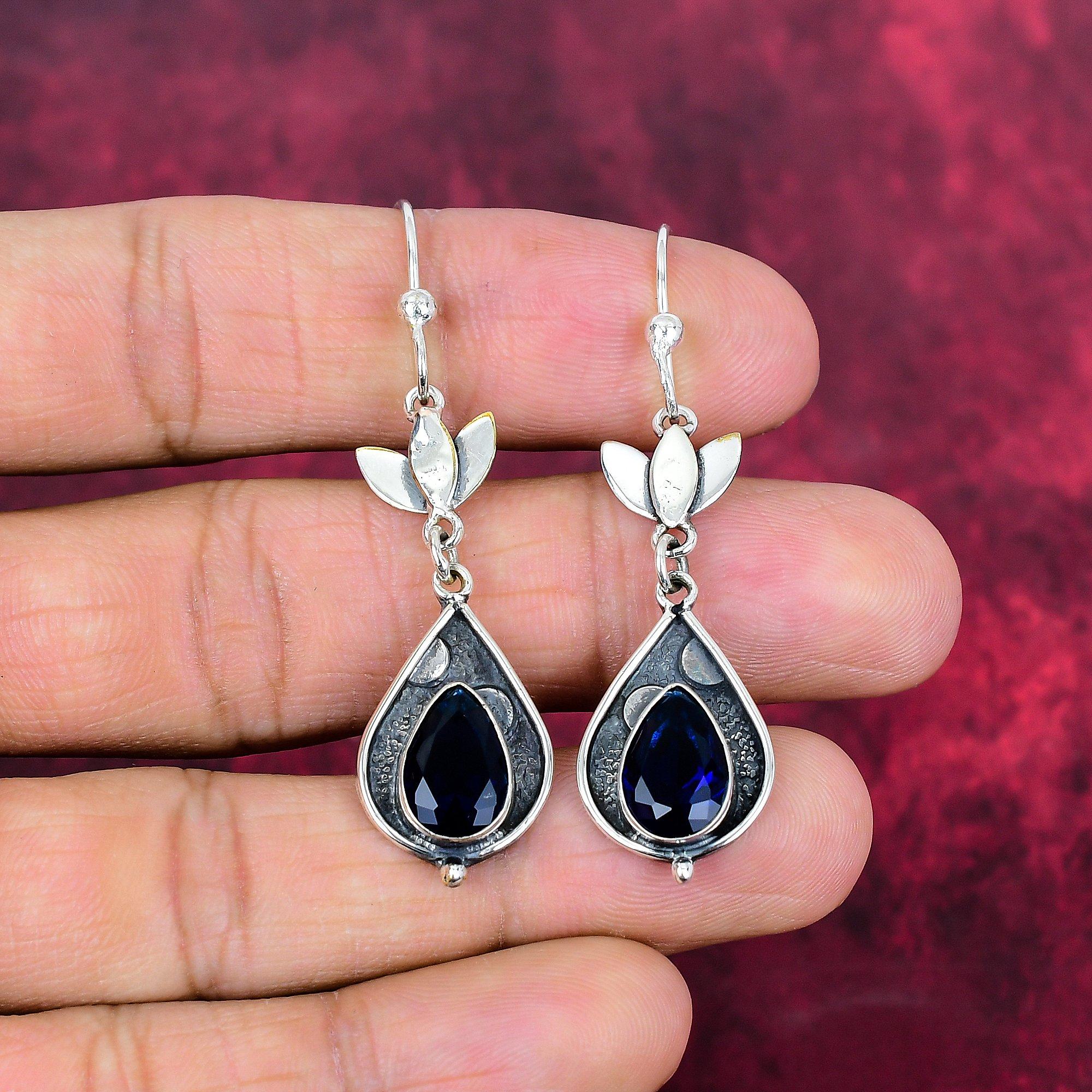 

Серьги с синим сапфиром, серьги с драгоценными камнями ручной работы, серьги из цельного серебра 925 пробы, антикварные ювелирные изделия, для подарка на помолвку 2.36 Inches