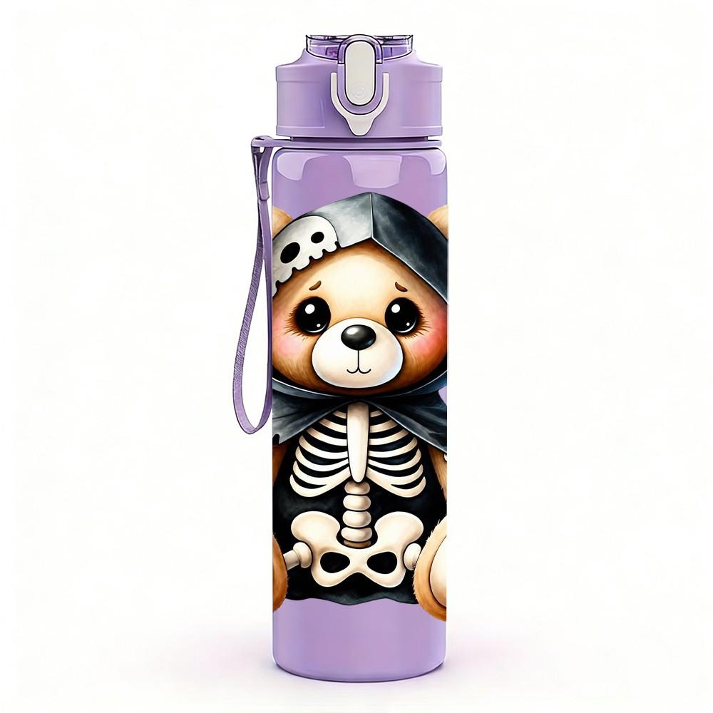 1PC Skeleton Bear Wearing Hood 750ml Color Plastic Sports Water Bottle Leakproof Flip Straw Lid Suitable for Sports Office Home Use
