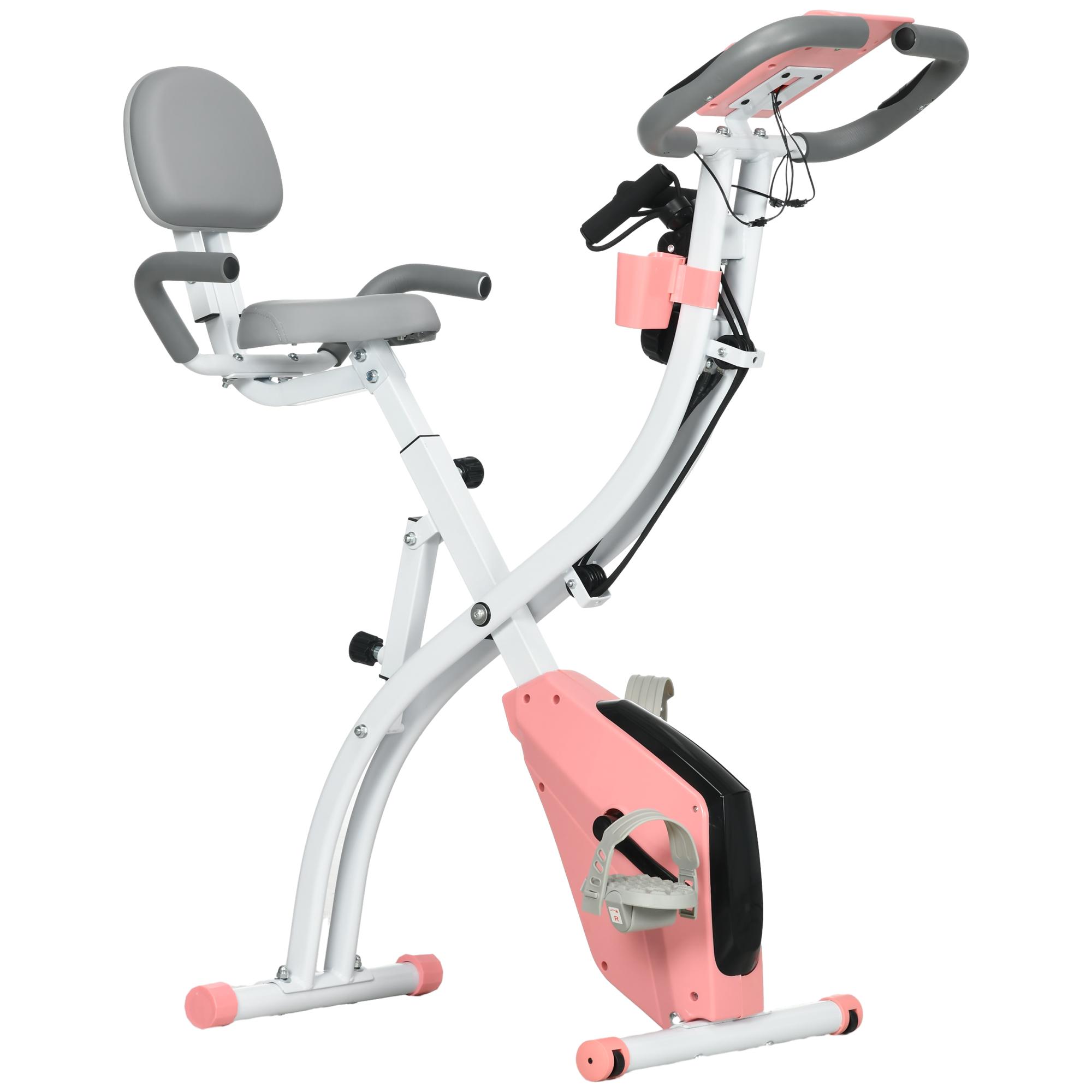 Vélo d'appartement pliable 2 en 1 avec résistance magnétique à 8 niveaux, bande de résistance pour bras, capteur de pouls Rose