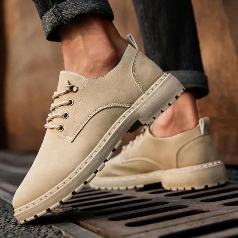 

Модная мужская кожаная обувь на платформе с круглым носком и шнуровкой, акция, тренд 2025, низкая цена, социальный дизайнер, новинка, мужская повседневная обувь 39 бежевый