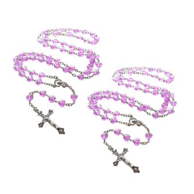 Pink Love Heart Rosary Beads Necklace Virgin Mary Christ Cross Pendant