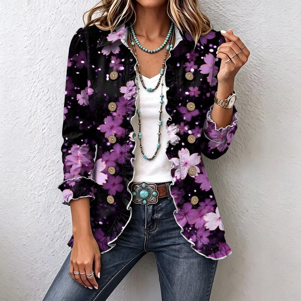 Women's Floral Print Long Sleeve Ruffle Trim Cardigan Top for Casual Everyday Wear