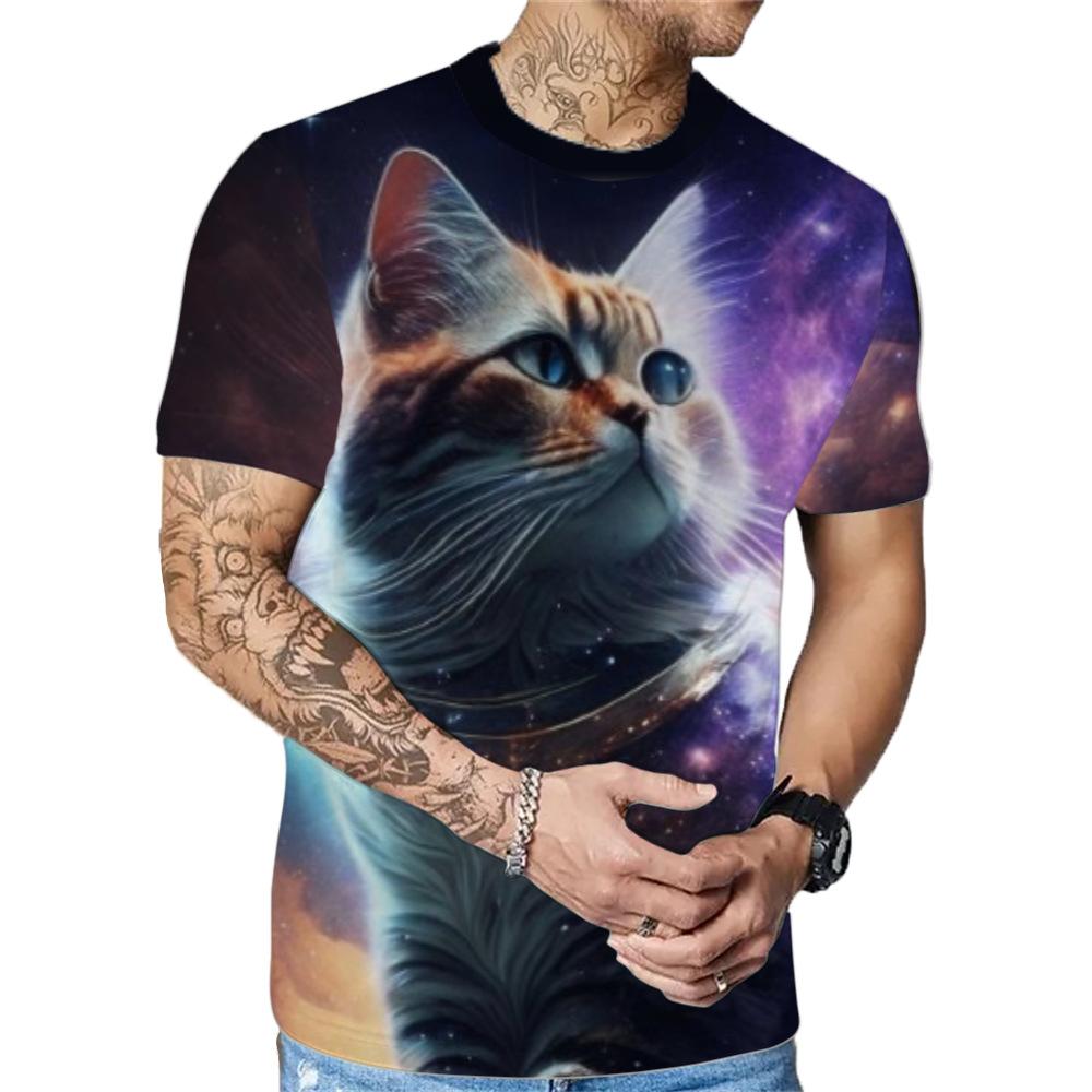 Letní Pánská Trička s Krátkým Rukávem s Módním Ležérním 3D Potiskem Kočky s Kulatým Výstřihem