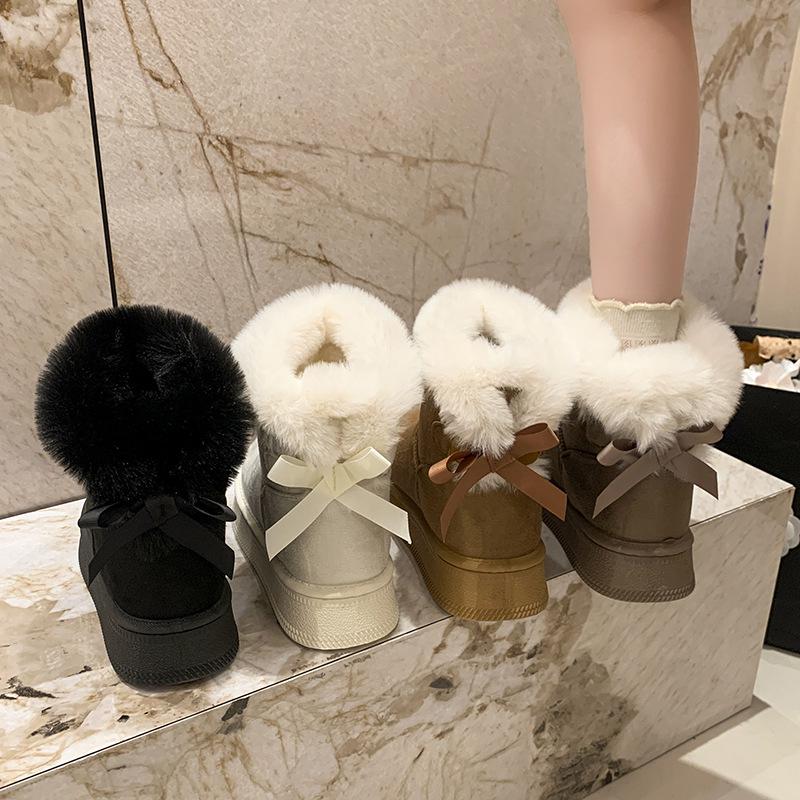 Plus Cotton Thickened Snow Boots: Slip-on Winter 2025 Style with Thick Sole, Furry Mouth, Bowknot, Warm Big Size.