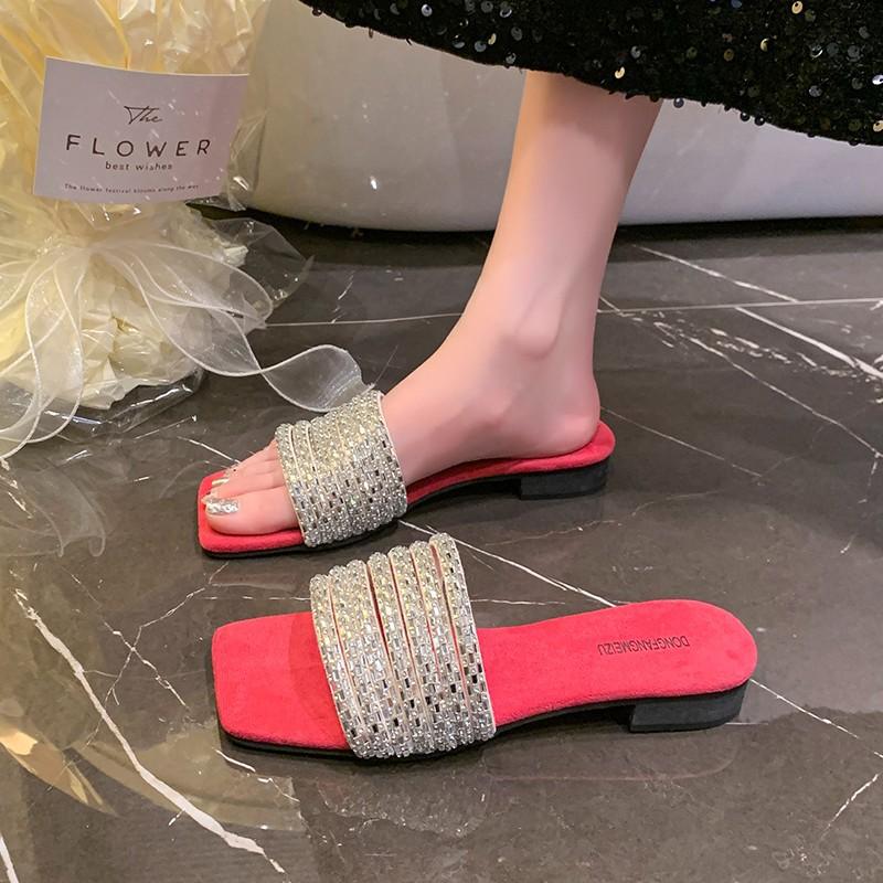 Fairy Wind Beautiful Square Head Rhinestone Slippers Women Summer Wear 2025 New Open-toed Thick Heel Cool Slippers