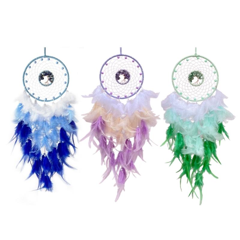 

Crystal Stone Tree Woven Dreamcatchers Wall Art Handmade Beads Feathered Tassels Wall Hanging Ornament for Home Decors