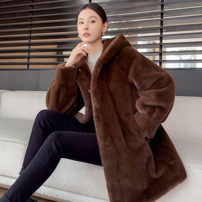 

Нова оксамитова норкова шуба для жінок ціла норка екологічна норкова хутряна куртка з капюшоном L кавовий