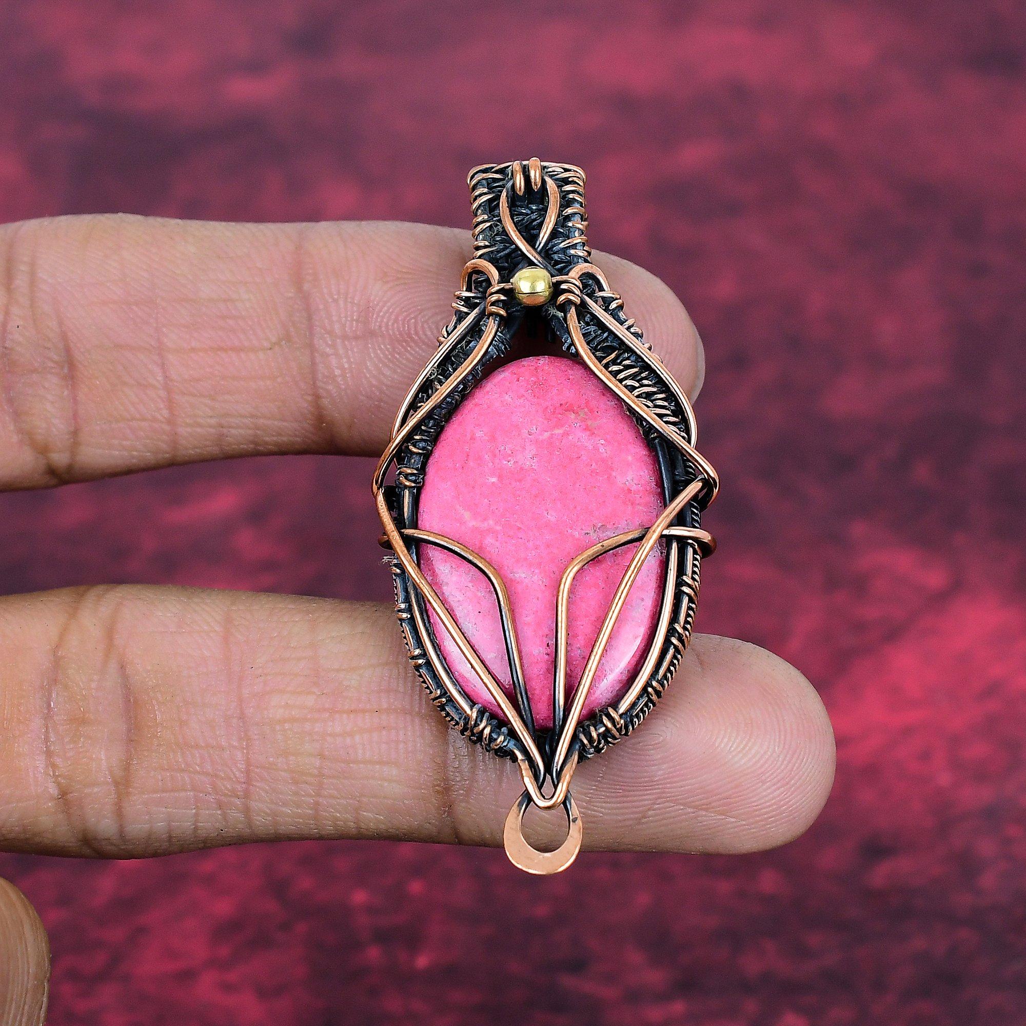 Thulite Pendant Copper Wire Wrapped Gemstone Pendant Handmade Birthstone Jewelry