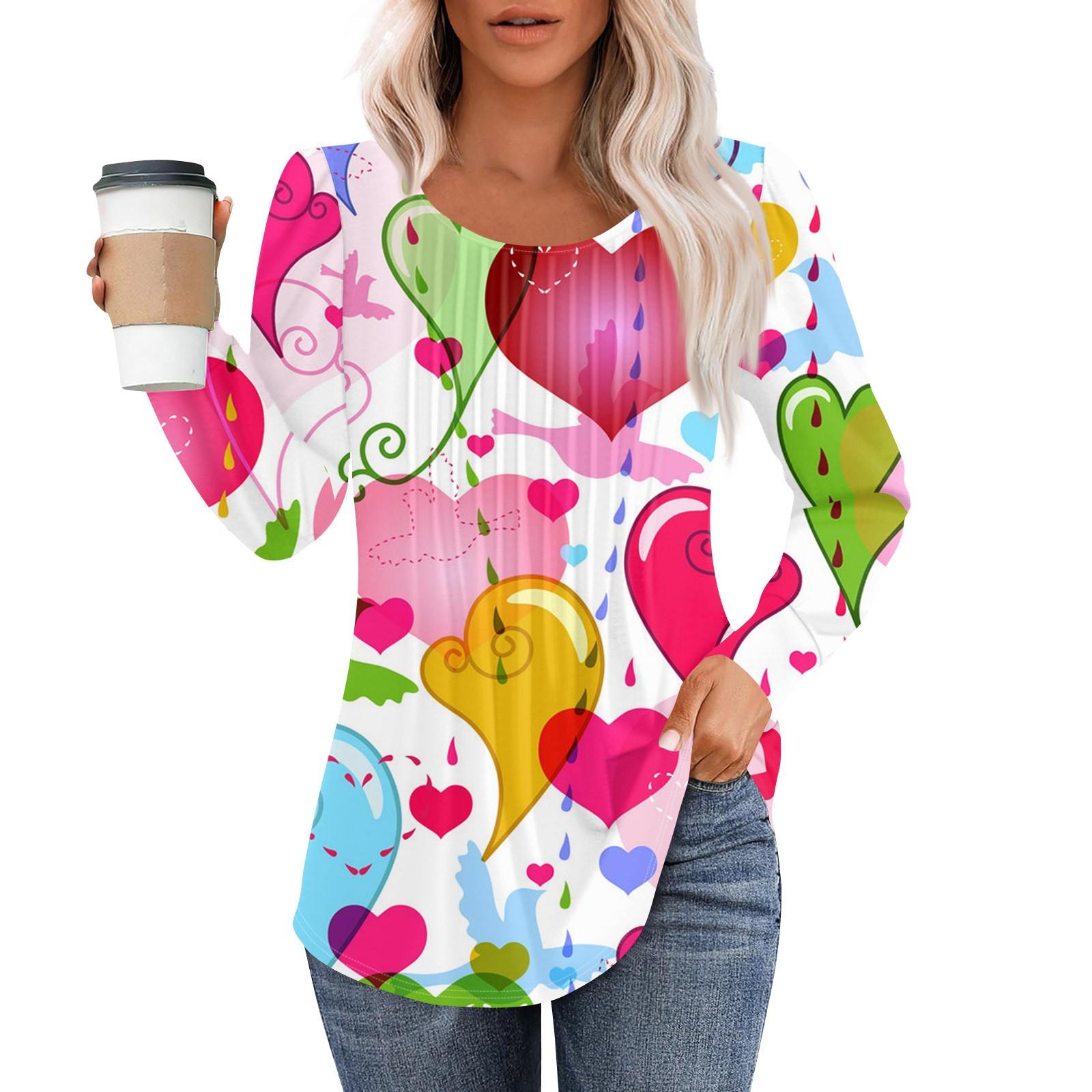 

Женская модная повседневная плиссированная футболка с круглым вырезом и принтом в виде сердца ко Дню святого Валентина с длинными рукавами M